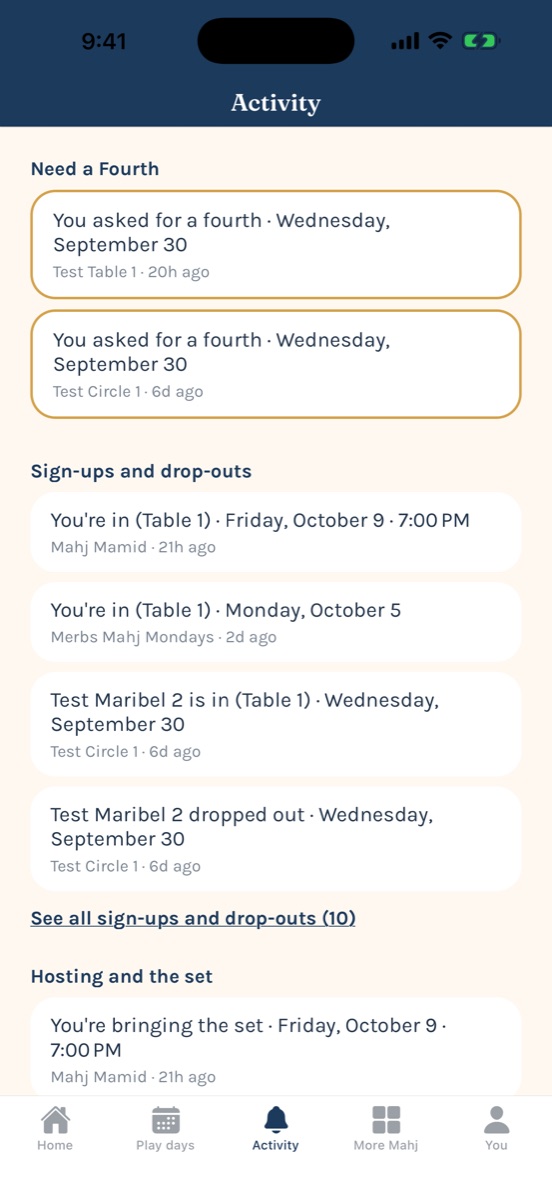 Activity tab grouped by type
