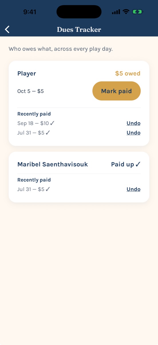 Dues tracker with recently paid and undo