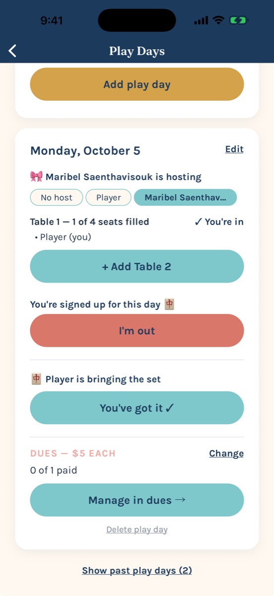 A play day with start time, tables, host, the set, and dues