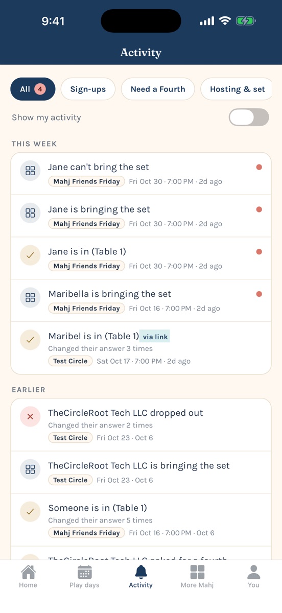 Activity tab, newest first, with filters and new-item dots