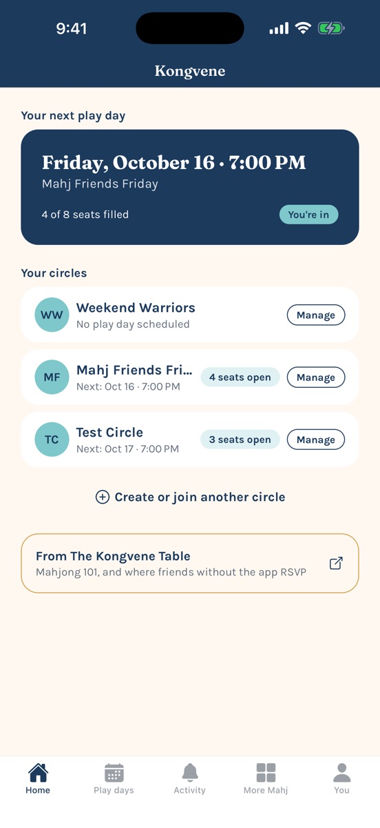 Home tab with your next play day and circles