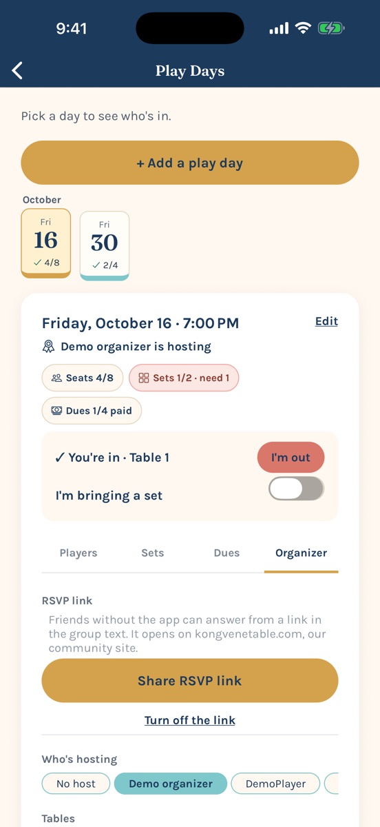 Organizer tab with the Share RSVP link button
