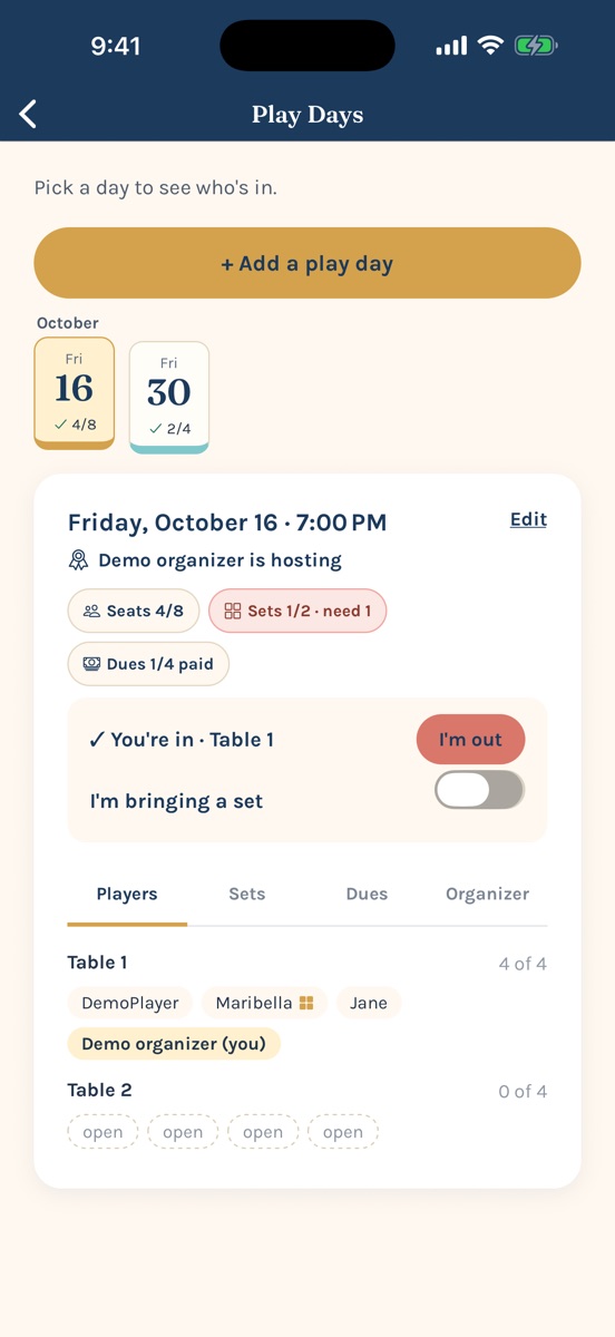 Kongvene play day: who’s in at each table, who’s hosting, sets, and dues